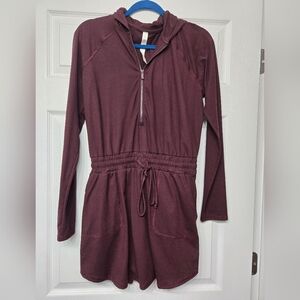 Burgundy Long Sleeve Skirt Romper With Built In Shorts And Pockets